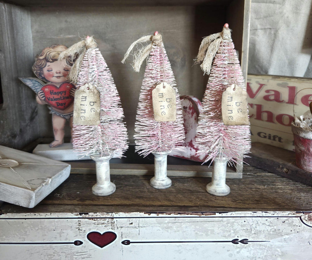 Primitive Valentine Bottle Brush Trees Set | Hand Painted Distressed Farmhouse Decor