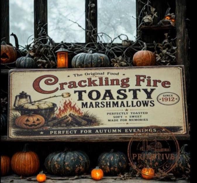 Crackling Fire Toasty Marshmallows Halloween Sign | Primitive Folk Art Wood Decor