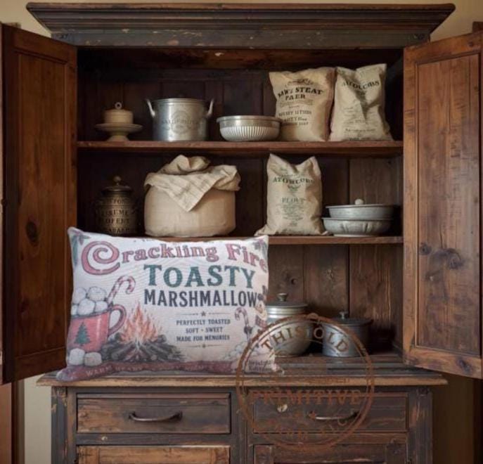 Crackling Fire Toasty Marshmallows Pillow | Vintage Christmas Farmhouse Accent (12x9 inches)