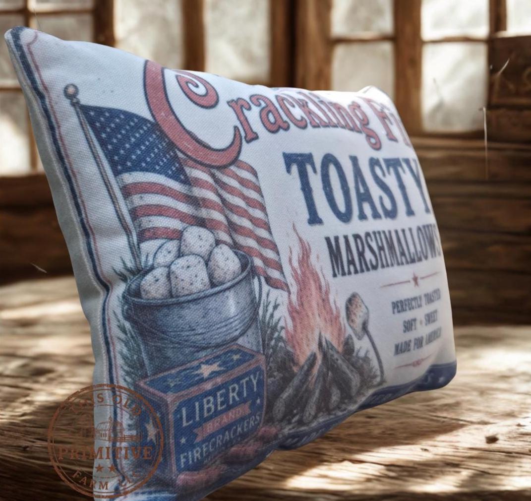 Crackling Fire Toasty Marshmallows Pillow | Vintage Americana Shelf Sitter