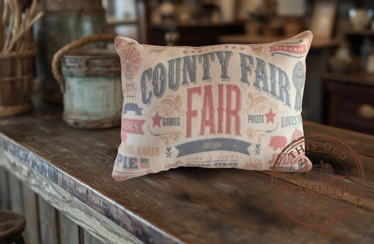 Primitive Farmhouse County Fair Pillow, Rustic Folk Art Accent, Vintage Decor