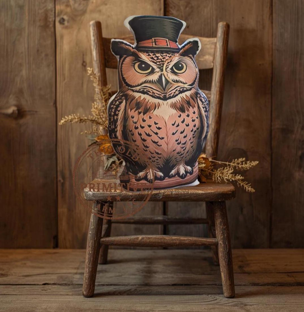 Primitive Folk Art Owl Pillow | Halloween Fall Decor (11x18)