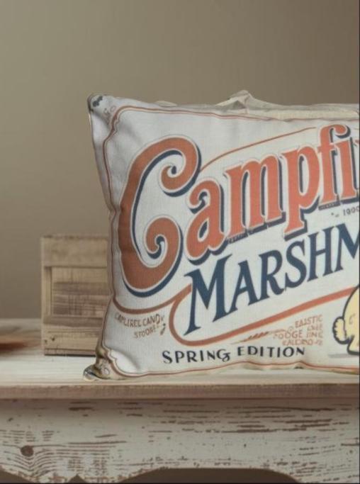 Primitive Campfire Marshmallows Pillow – Rustic Cabin Decor, Spring Edition (12x17)