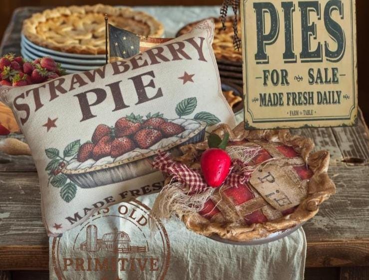 Primitive Strawberry Pie Pillow or Faux Pie | Americana Farmhouse Decor | Rustic Kitchen Decor | Baked Fresh Daily | Primitive Shelf Decor