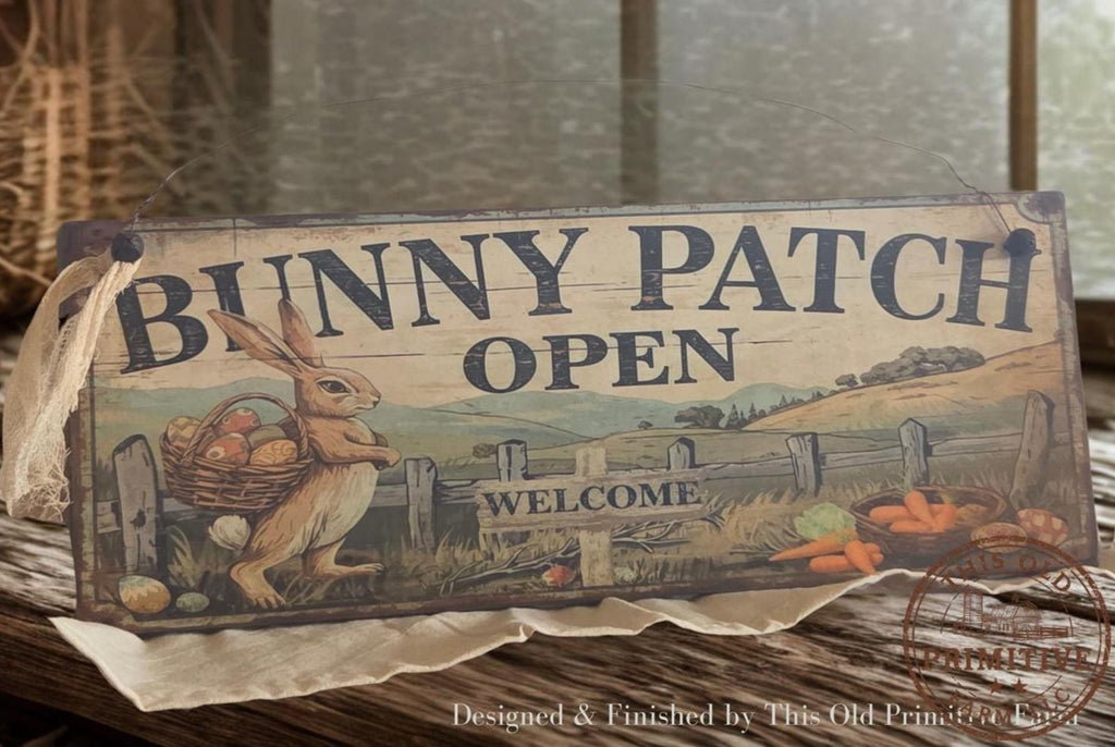 Primitive Bunny Patch Open Sign – Rustic Easter Welcome Decor, Folk Art