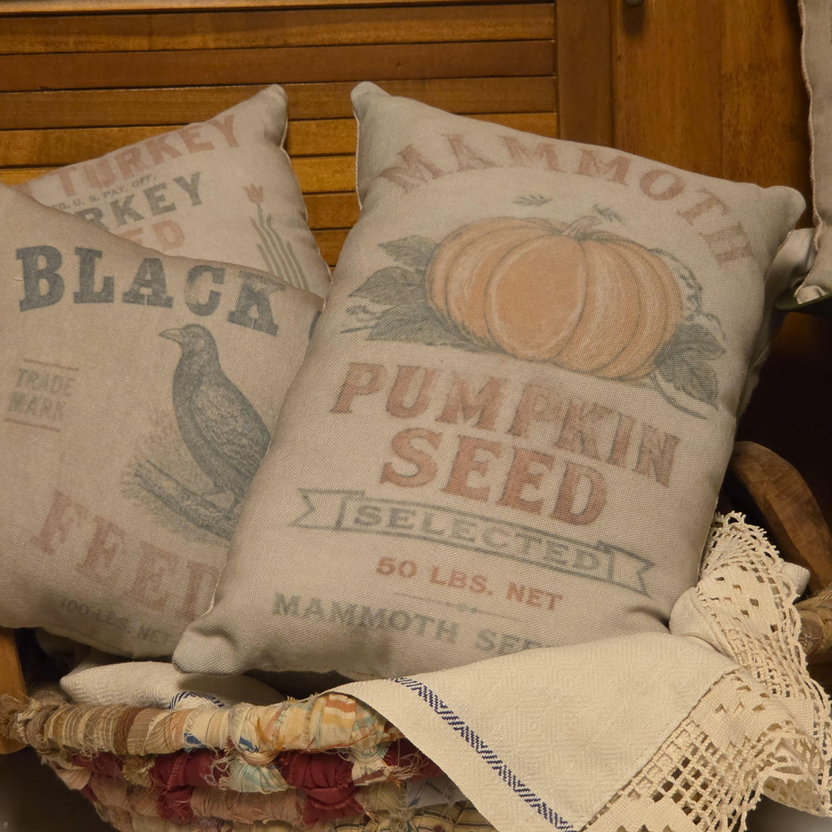 Pumpkin Seed Feedsack Pillow, Primitive Fall Shelf Sitter, Vintage Farmhouse Harvest Decor