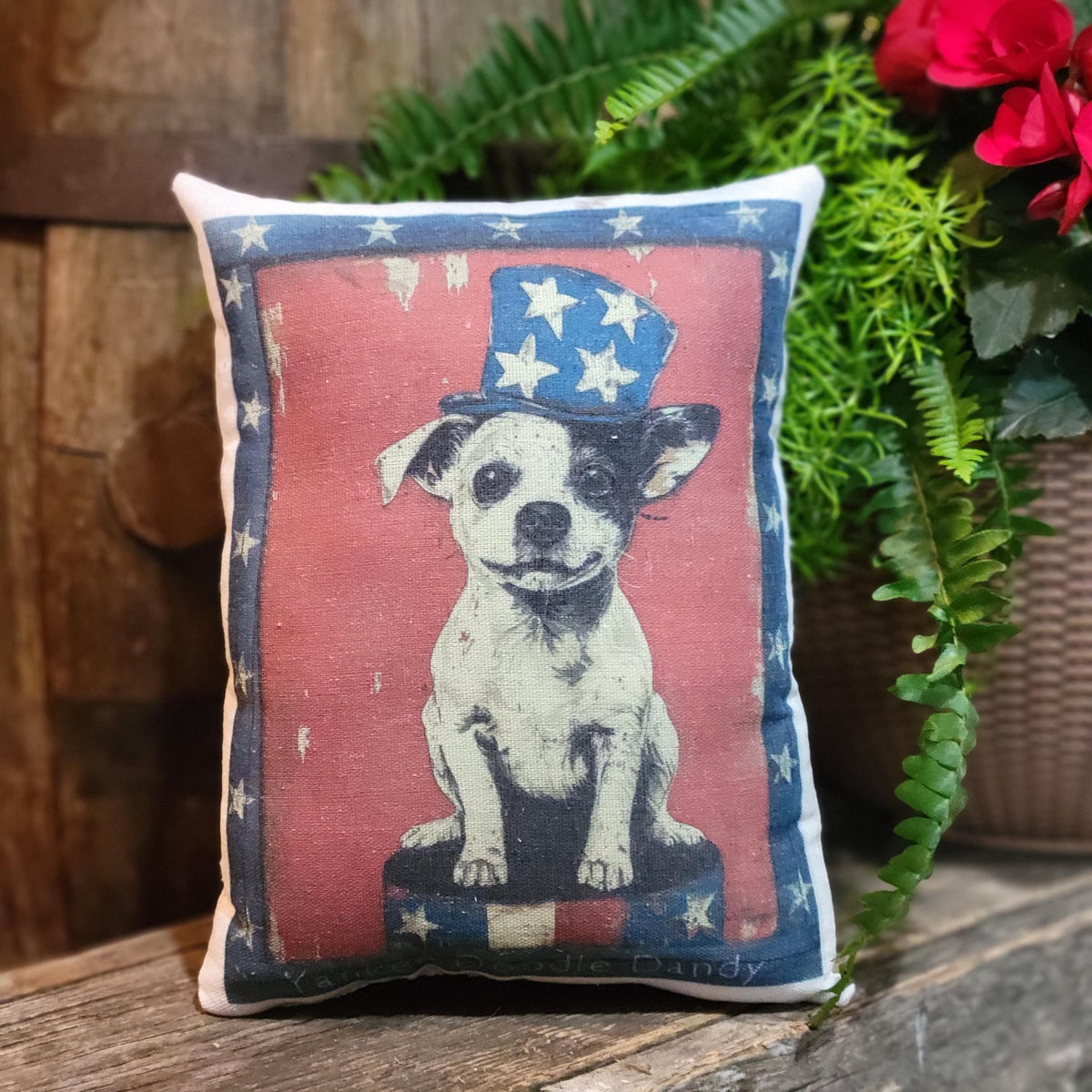 Handmade Uncle Sam Puppy Decorative Pillow: Primitive Farmhouse Americana Folkart (11" x 9")