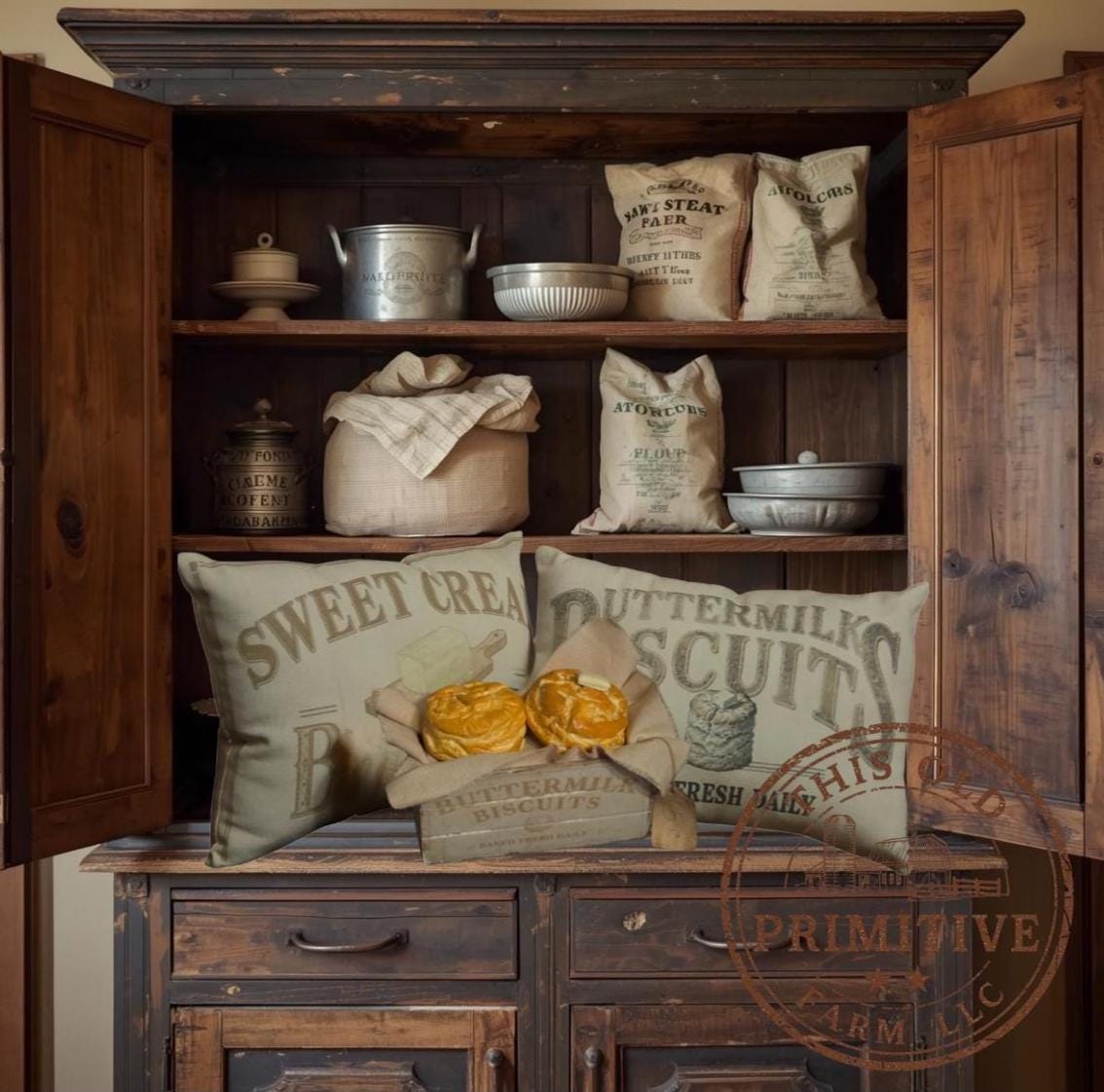 Primitive Faux Biscuit Crate Display: Hand-Sculpted Buttermilk Biscuits with Butter, Rustic Farmhouse Kitchen Decor