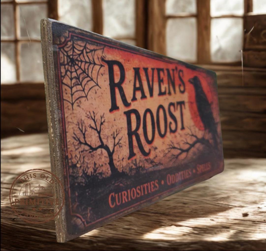 Primitive Ravens Roost Halloween Wood Sign | Rustic Folk Art Wall Decor (13 x 5)