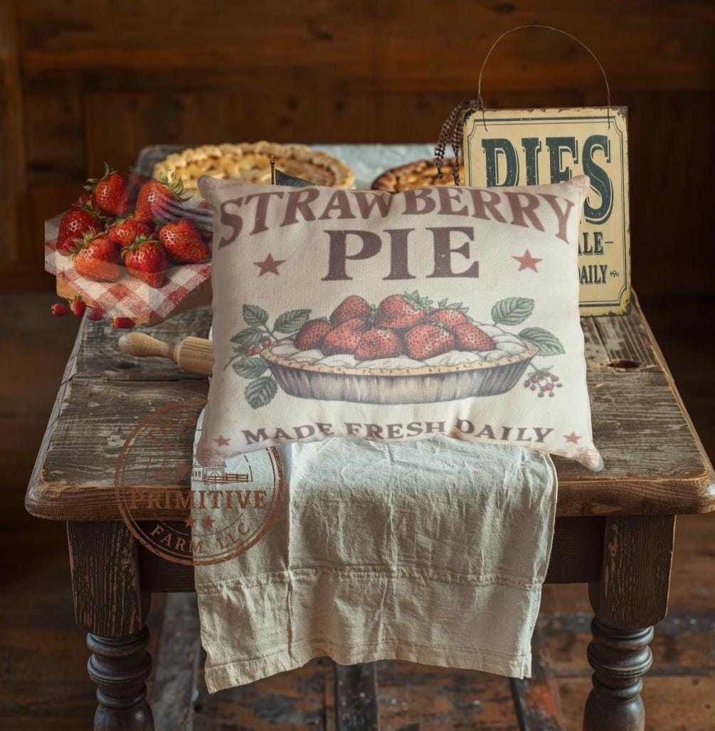 Strawberry Pie Pillow | Primitive Farmhouse Decor | Vintage Bakery Sign (12x9)