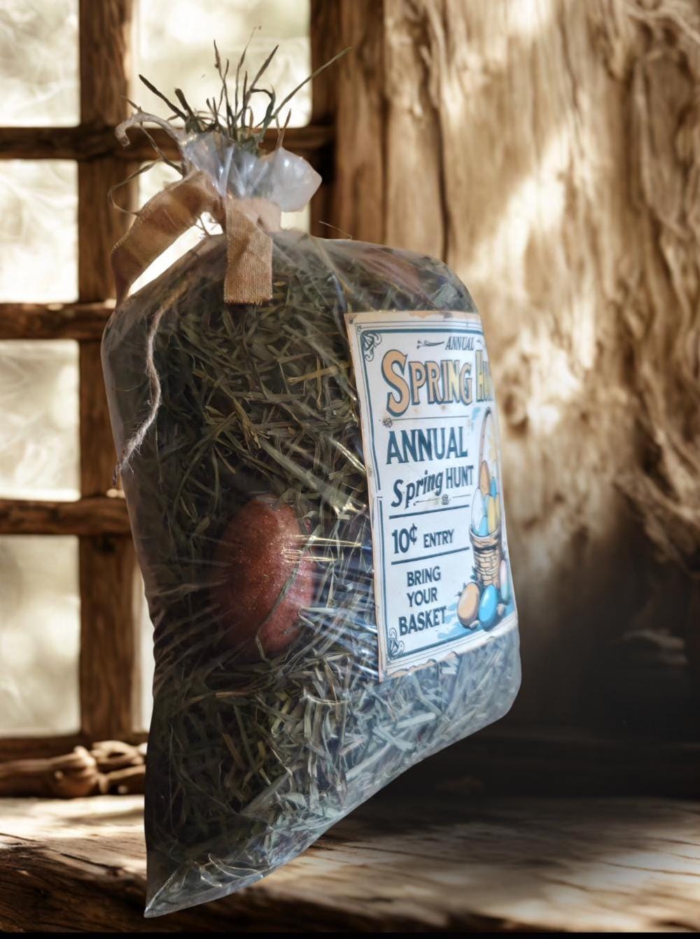 Primitive Easter Meadow Grass Sack – Annual Spring Hunt Basket Filler with Grunged Eggs