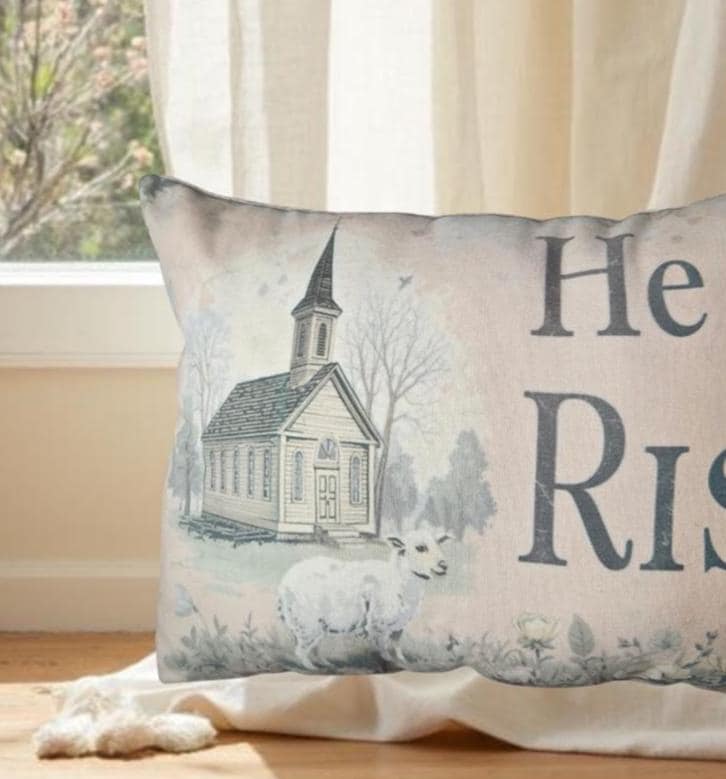 Primitive He Is Risen Throw Pillow – Rustic Easter Church Decor – Farmhouse Spring Accent – 12x17