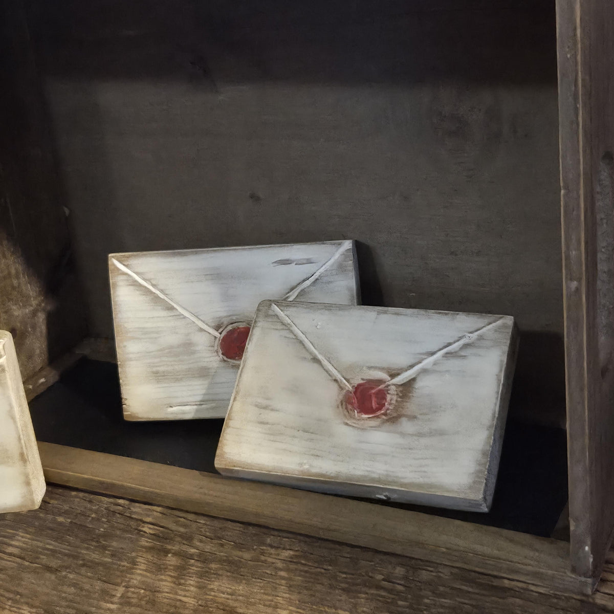 Primitive Valentine Wood Envelope Set | Hand Cut & Carved Love Letters with Faux Red Wax Seal Decor