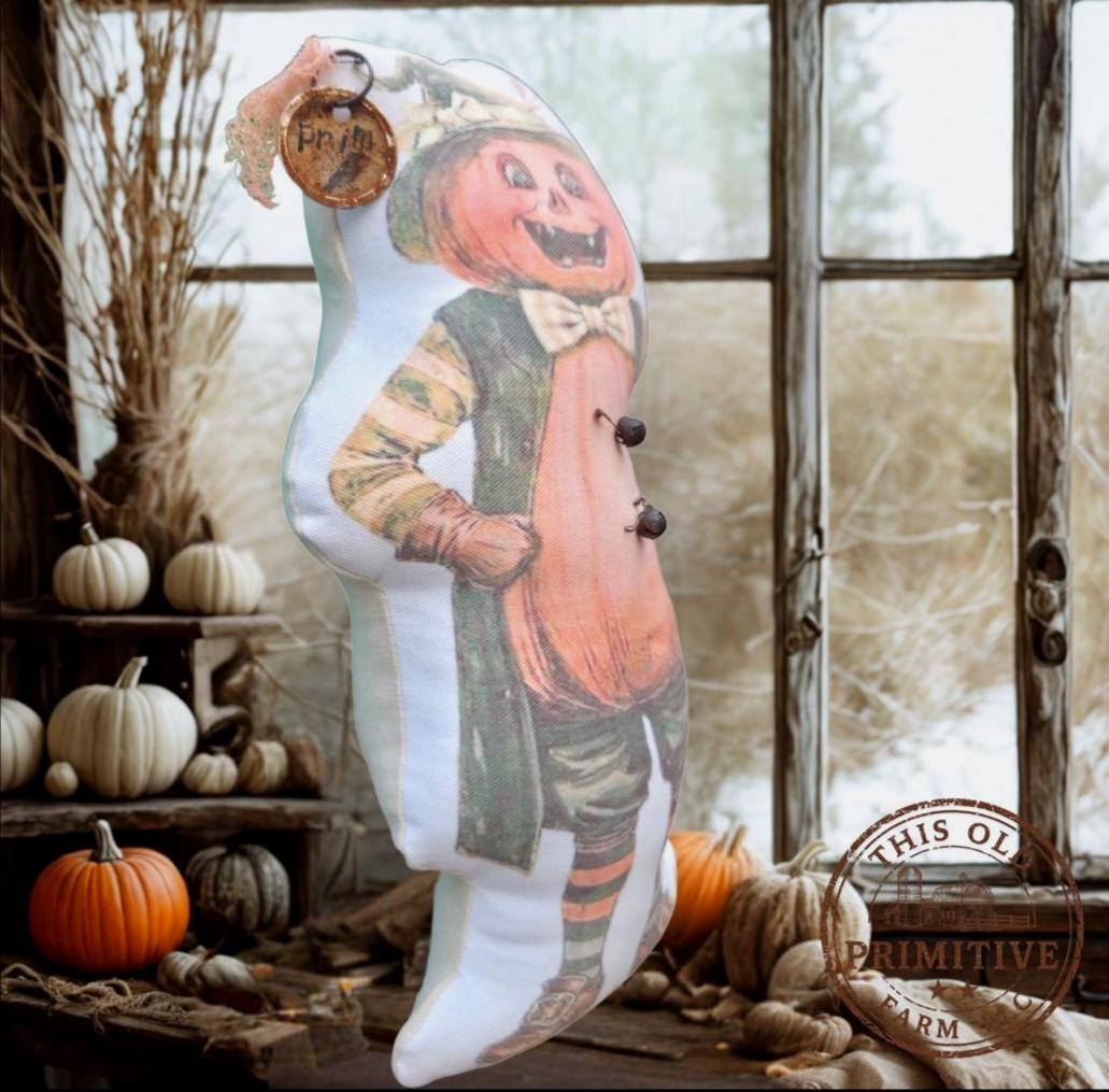 Primitive Mr. Pumpkin Patch Pillow Doll | Vintage Halloween Folk Art Decor