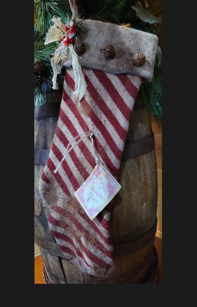 Primitive Knit Christmas Stocking: Grunged, Rusty Bells, Cinnamon Scented, Santa Claus Tag