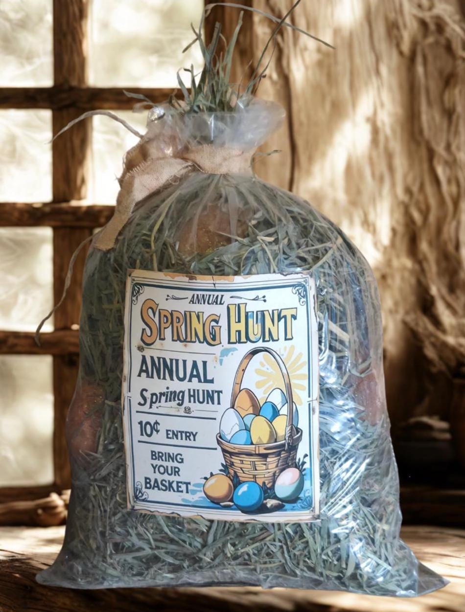 Primitive Easter Meadow Grass Sack – Annual Spring Hunt Basket Filler with Grunged Eggs