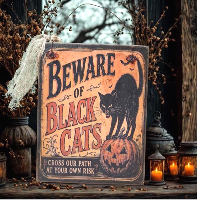 Primitive Black Cat Halloween Sign | Rustic Folk Art Wood Decor