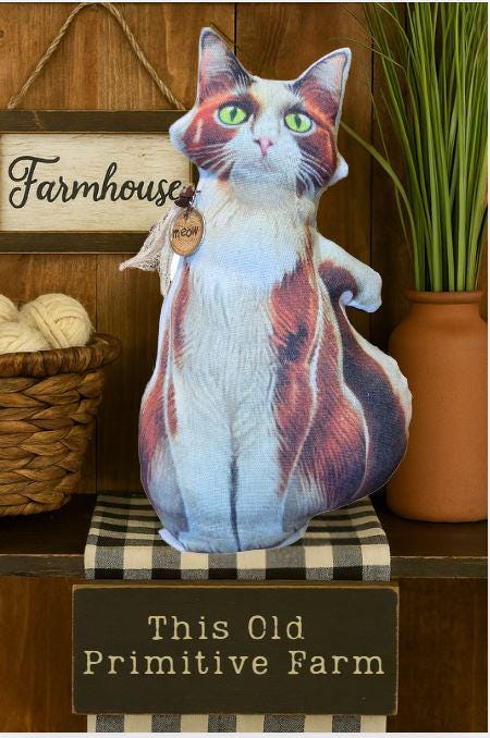 Handmade Primitive Cat Pillow: Rustic Farmhouse Decor with Meow Tag