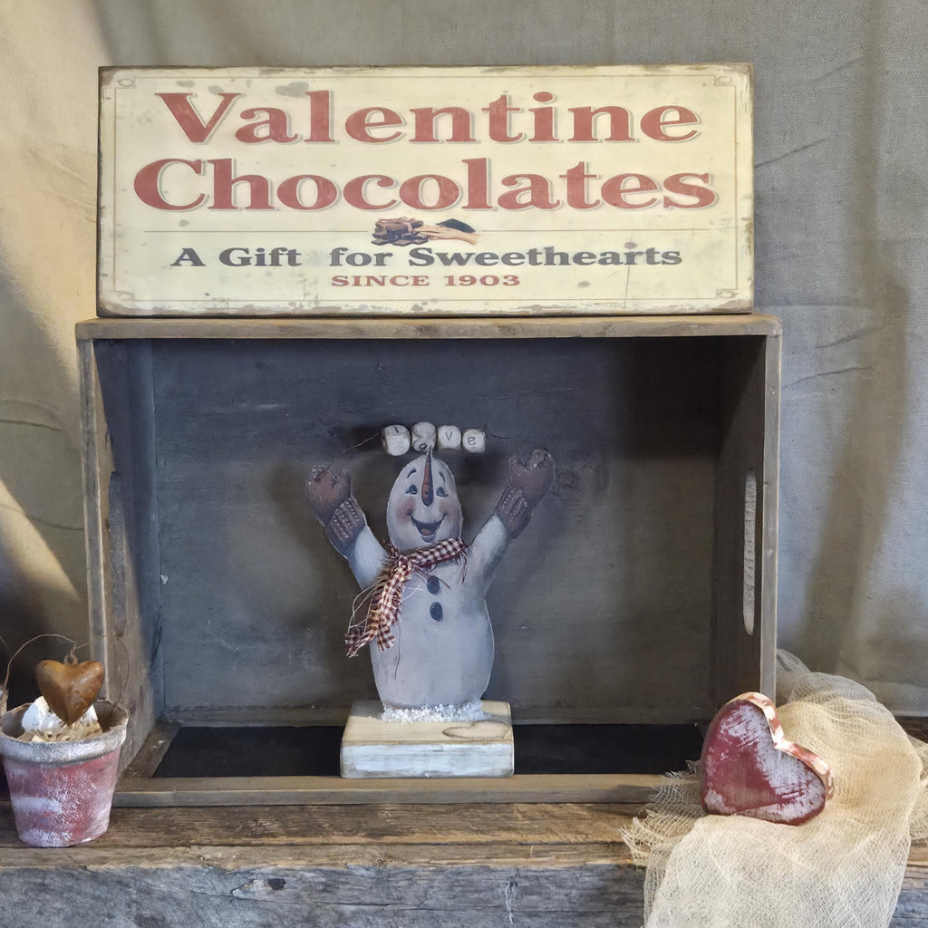 Primitive Valentine Snowman Shelf Sitter | XOXO LOVE Rustic Farmhouse Decor | Handmade Seasonal Accent