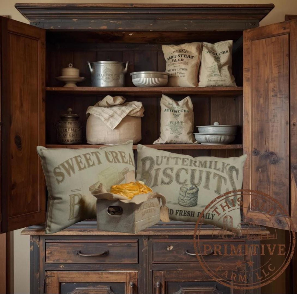 Primitive Faux Biscuit Crate Display: Hand-Sculpted Buttermilk Biscuits with Butter, Rustic Farmhouse Kitchen Decor