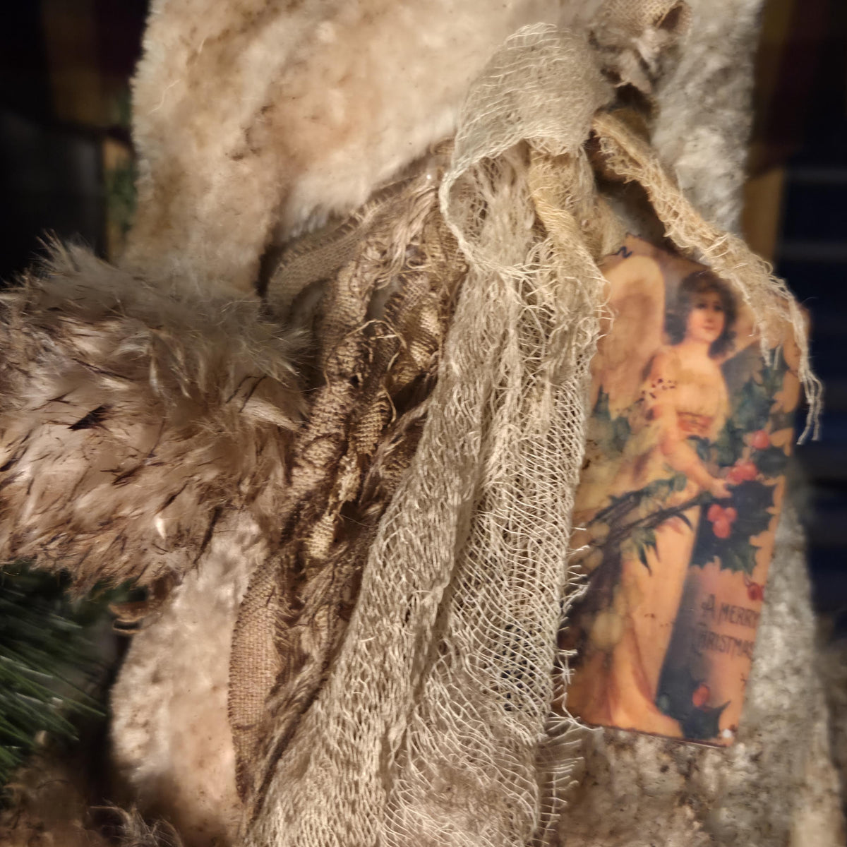 Premium Limited Edition Primitive Rustic Santa Hat Tree Topper | Handcrafted Cream Plush with Rusty Jingle Bells