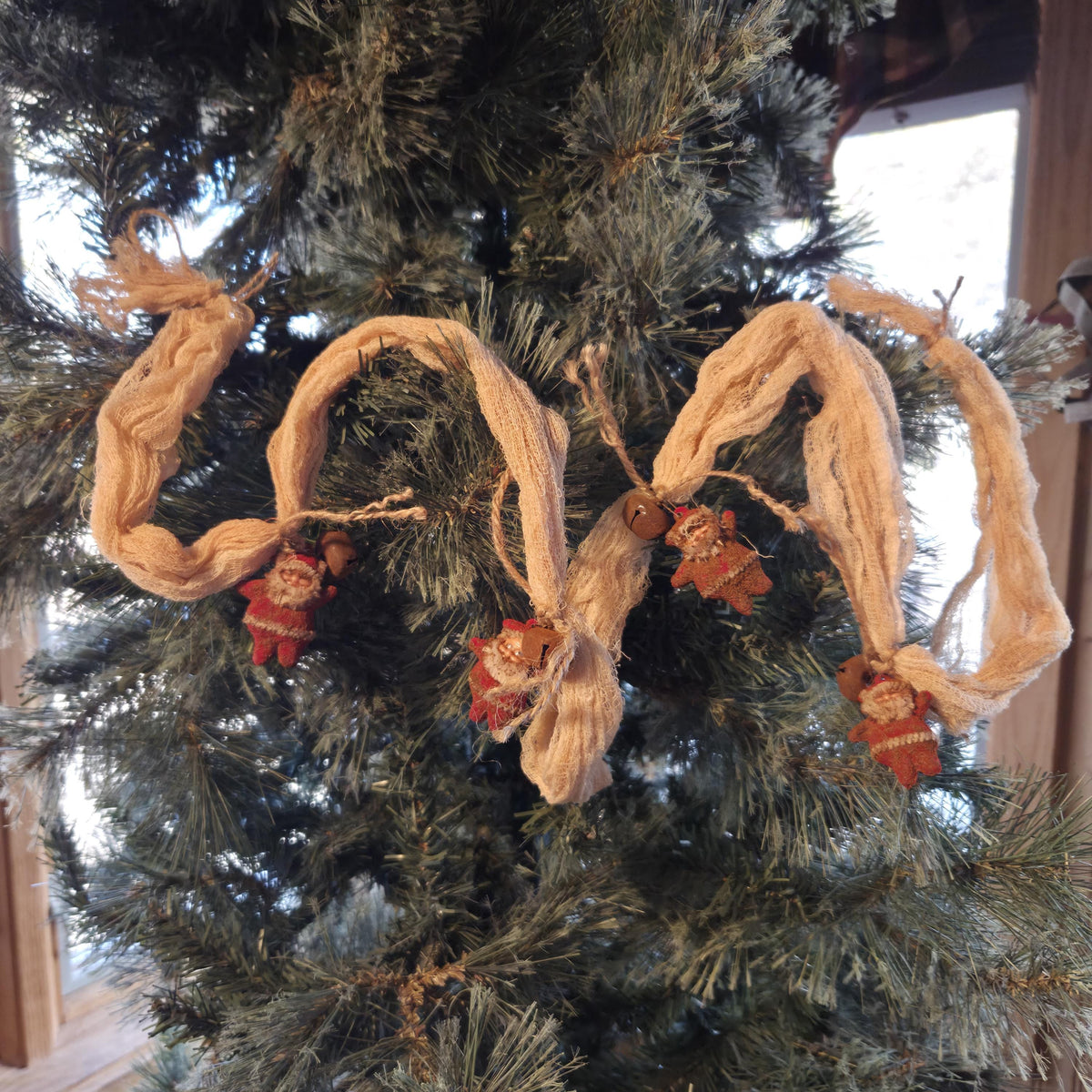 Farmhouse Christmas Garland: 4ft Coffee Stained Cheesecloth with Bells, Vintage Santa