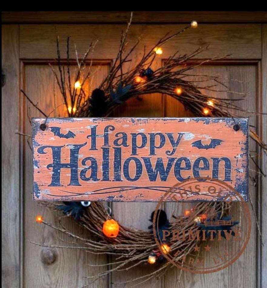 Primitive Happy Halloween Wood Sign | Rustic Farmhouse Folk Art Decor (13" x 5")