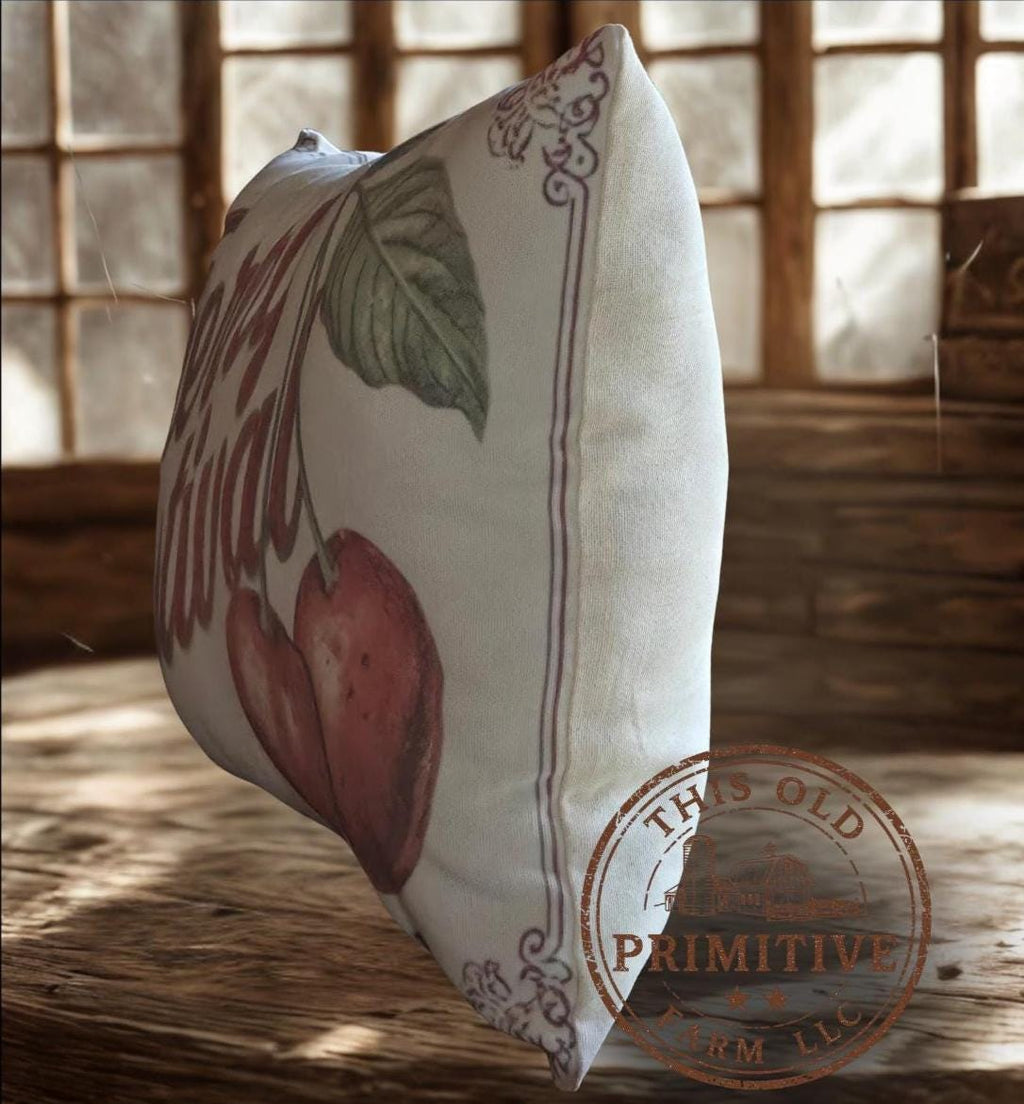 Cherry Festival Pillow | Primitive Farmhouse Feedsack Decor (12x17)