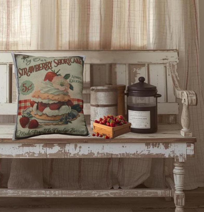 Primitive Strawberry Shortcake Pillow | Vintage Farmhouse Kitchen Accent, Nostalgic Food Art