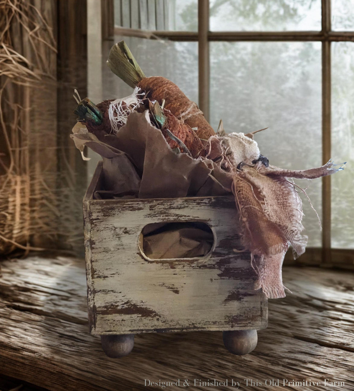 Primitive Carrot Crate Display – Rustic Farmhouse Spring Decor, Cinnamon Carrots