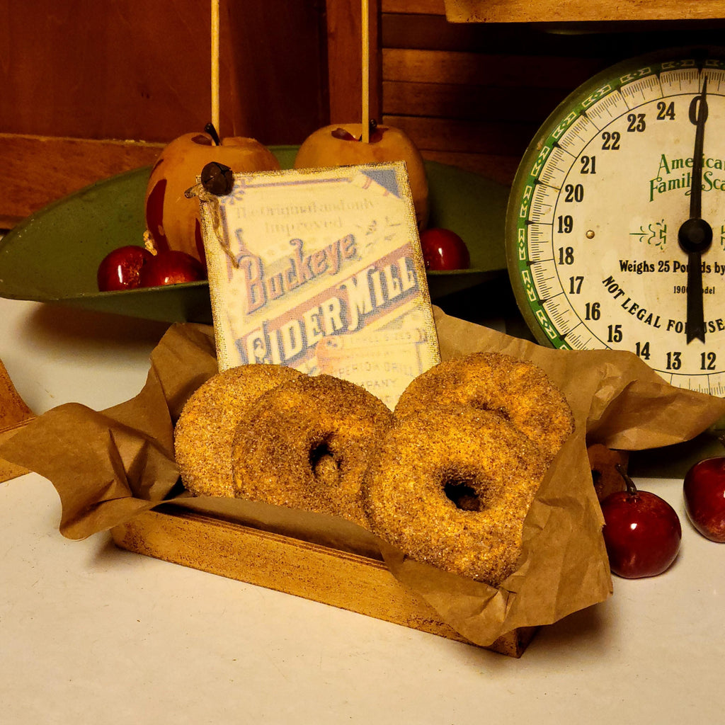 Faux Primitive Cinnamon Sugar Donuts Display | Rustic Wooden Tray, Aged Cider Mill Sign