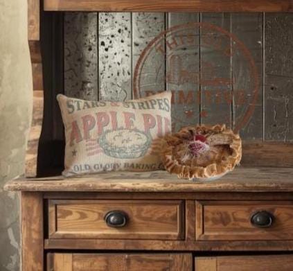 Primitive Apple Pie and Tuck Pillow | Americana Farmhouse Decor | Rustic Patriotic Kitchen Decor | Faux mini apple Pie | Stars and Stripes