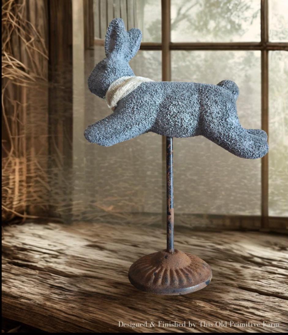 Primitive Farmhouse Bunny Decor – Faux Plaster Stone Finish – Rustic Spring Easter Rabbit – Vintage Inspired Shelf Accent
