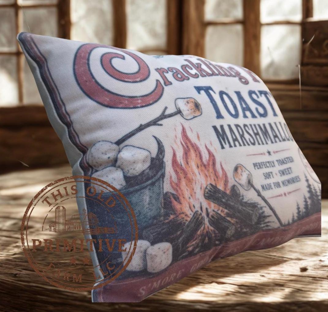 Crackling Fire Toasty Marshmallows Pillow | Vintage Mercantile Farmhouse Accent Sitter