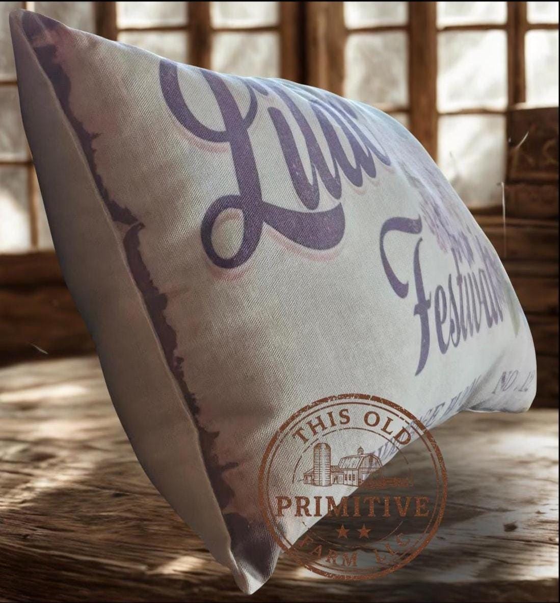 Lilac Festival Pillow | Primitive Feedsack Style Farmhouse Decor (12x17)
