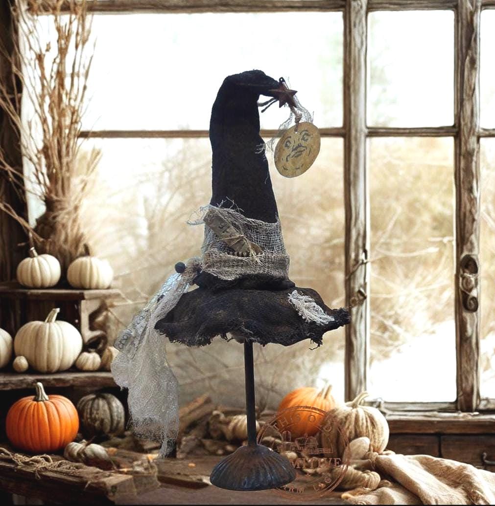 Primitive Witch Hat Shelf Sitter | Folk Art Halloween Decor, Spells Tag