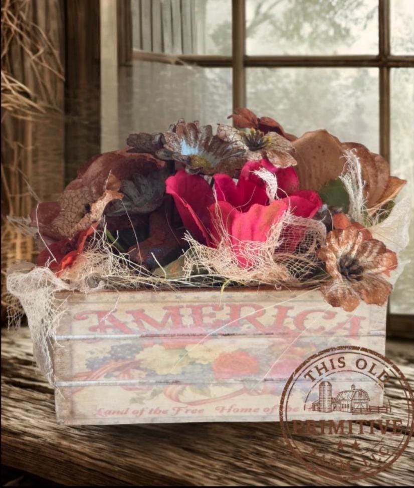 Primitive Americana Crate Display | Rustic Farmhouse Patriotic Floral Decor