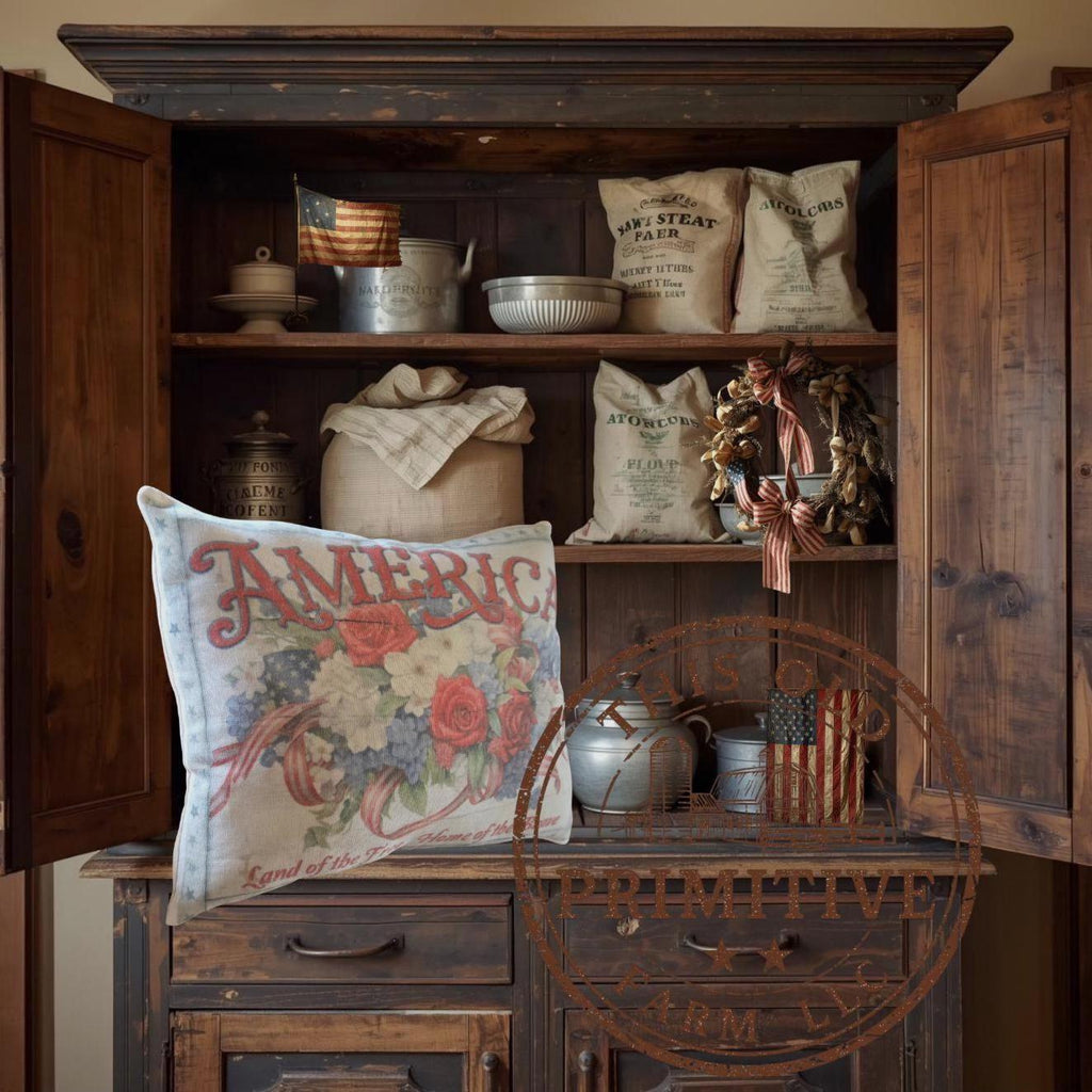 Primitive America Floral Pillow | Patriotic Farmhouse Decor, Folk Art Accent