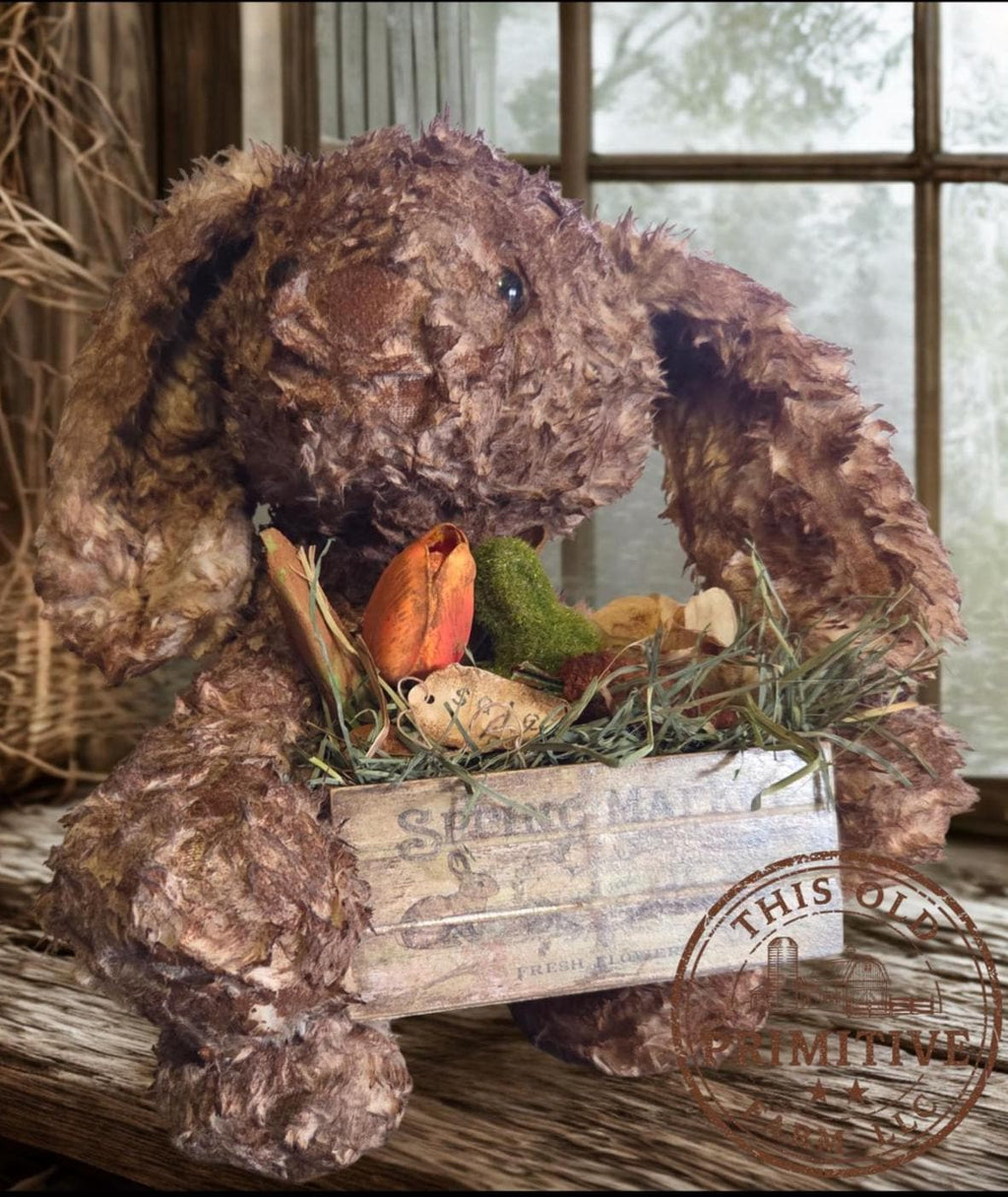 Limited Edition Primitive Folk Art Bunny Figurine | Hand-Aged Farmhouse Spring Decor Crate