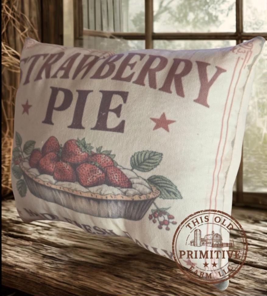 Strawberry Pie Pillow | Primitive Farmhouse Decor | Vintage Bakery Sign (12x9)
