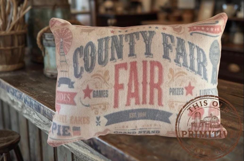 Primitive Farmhouse County Fair Pillow, Rustic Folk Art Accent, Vintage Decor