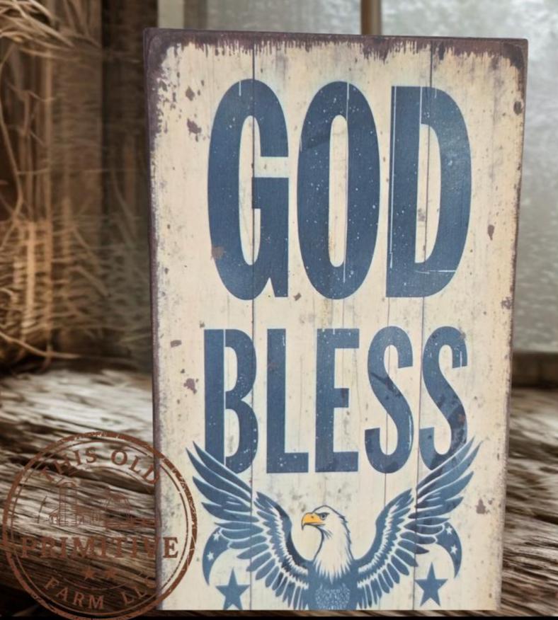 Primitive God Bless America Eagle Sign – Rustic Farmhouse Americana Decor – Folk Art Patriotic Sign