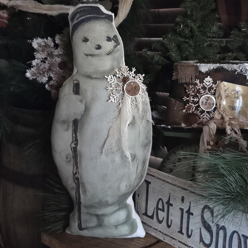 Primitive Farmhouse Snowman Pillow | Rustic Christmas Shelf Sitter Prop