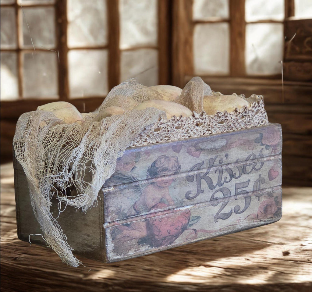 Limited Edition Primitive Valentine Hearts Mini Crate – Handmade Plaster Heart Farmhouse Decor