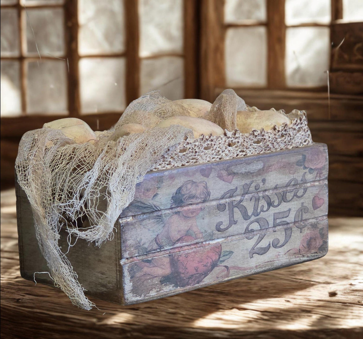 Limited Edition Primitive Valentine Hearts Mini Crate – Handmade Plaster Heart Farmhouse Decor