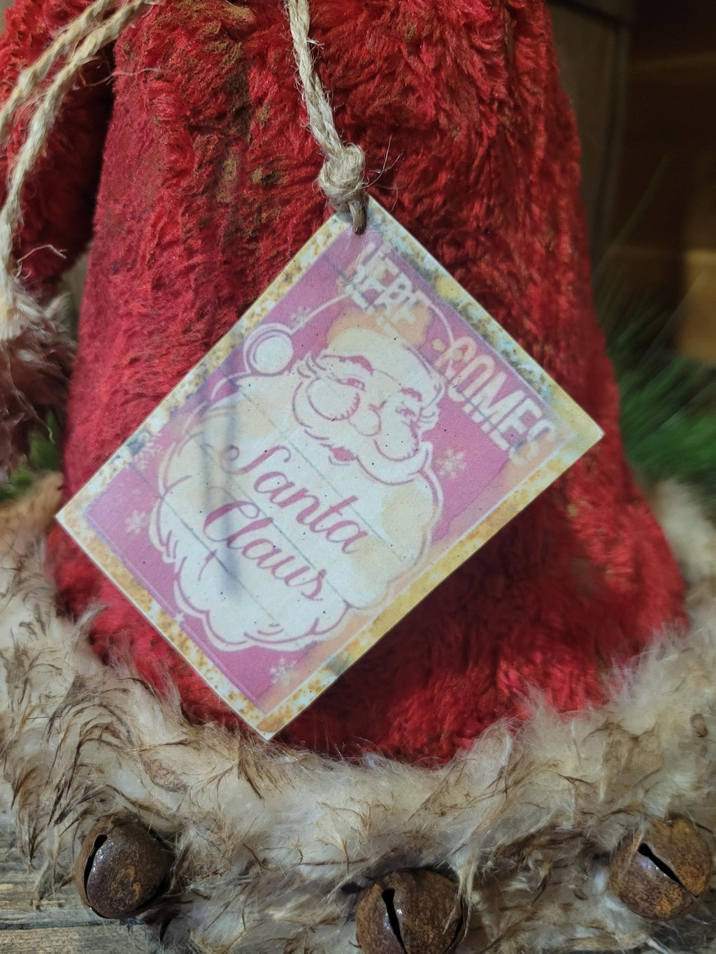 Handcrafted Primitive Farmhouse Santa Hat | Nostalgic Plush Santa with Rusty Jingle Bells | Limited Edition Rustic Shelf Sitter