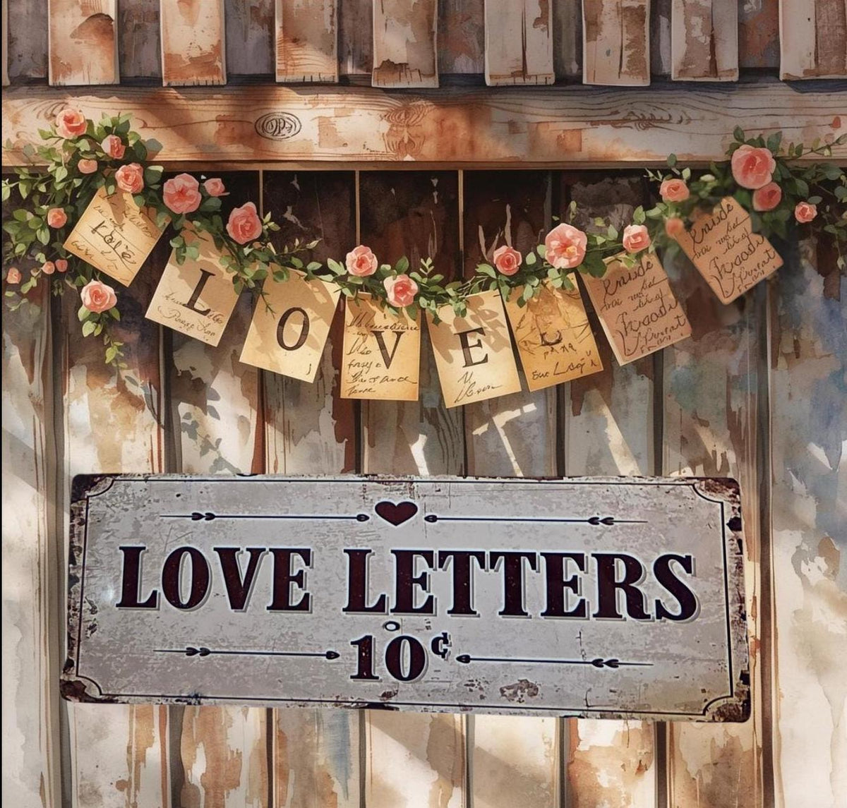 Primitive Valentine Metal Sign “Love Letters 10 cents” | Vintage Valentine Decor | Rustic Farmhouse Love Sign