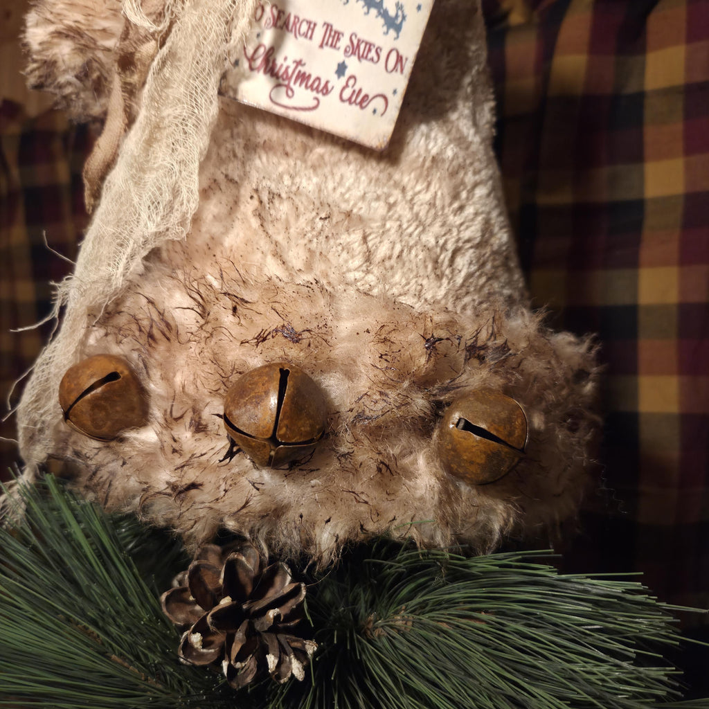 Premium Limited Edition Primitive Rustic Santa Hat Tree Topper | Handcrafted Cream Plush with Rusty Jingle Bells