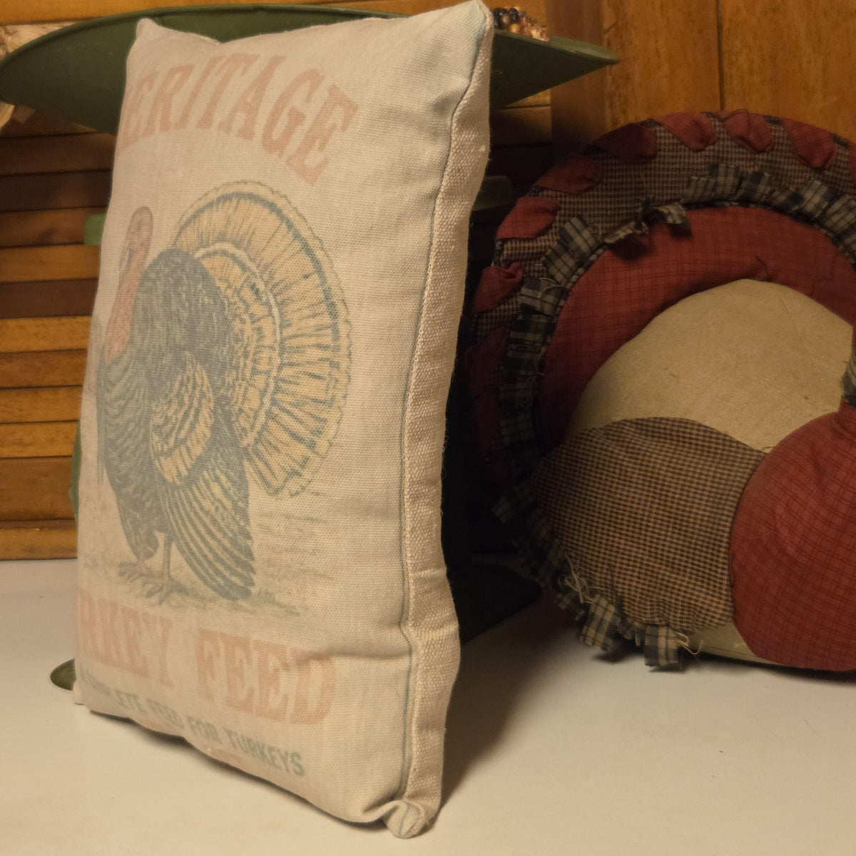 Heritage Turkey Feed Pillow, Thanksgiving Feedsack Shelf Sitter, Primitive Farmhouse Fall Decor