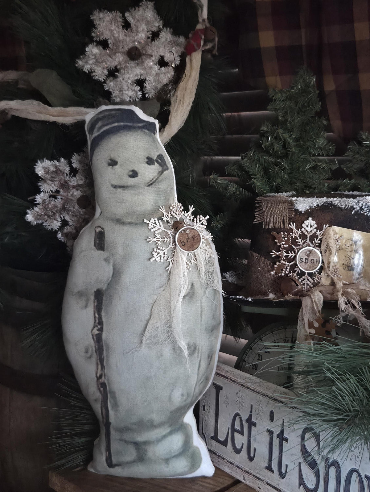 Primitive Farmhouse Snowman Pillow | Rustic Christmas Shelf Sitter Prop